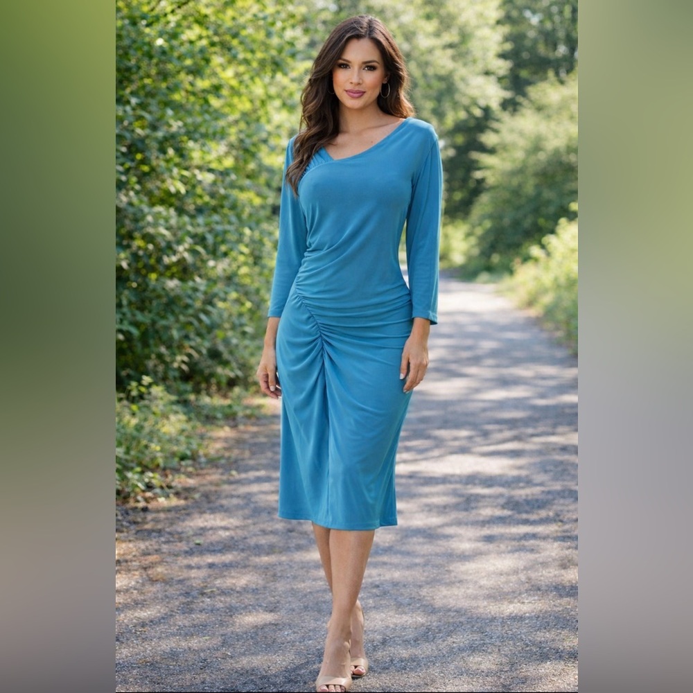 Tahari Levine Dress 12 Turquoise Blue Stretch 3/4 Long Sleeve Ruched Draped